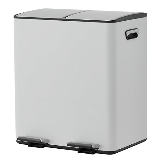 Garvee Dual Compartment Trash Can, 2 x 5.3 Gal (2 x 20L) Stainless Steel Recycling Bin with Anti-Slip Foldable Foot Pedal & Soft-Close Lid, Kitchen Garbage & Recycle Bin Combo - White