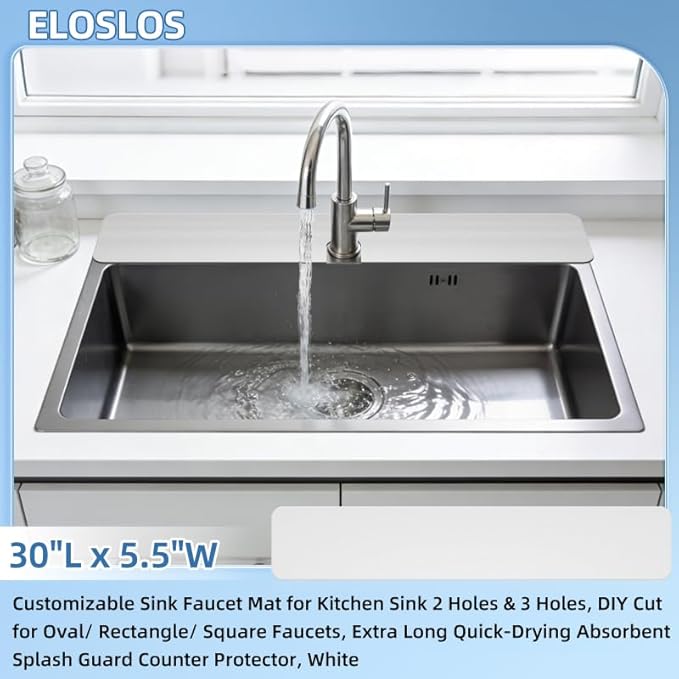 30"L x 5.5"W Customizable Sink Faucet Mat for Kitchen Sink 2 Holes & 3 Holes, DIY Cut for Oval/Rectangle/Square Faucets, Extra Long Quick-Drying Absorbent Splash Guard Counter Protector, White