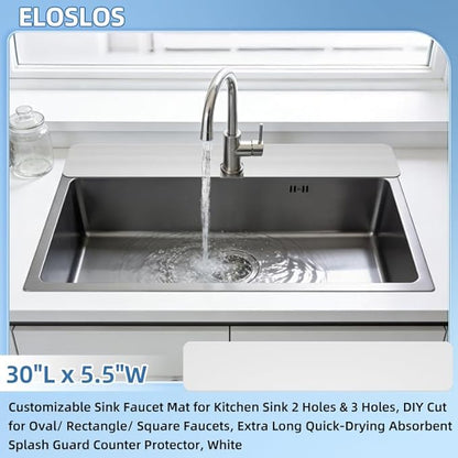 30"L x 5.5"W Customizable Sink Faucet Mat for Kitchen Sink 2 Holes & 3 Holes, DIY Cut for Oval/Rectangle/Square Faucets, Extra Long Quick-Drying Absorbent Splash Guard Counter Protector, White