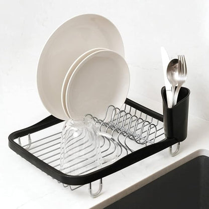 Umbra Sinkin Dish Rack - Over the Sink Organizer with Drainer & Utensil Holder - Compact Kitchen Storage Black