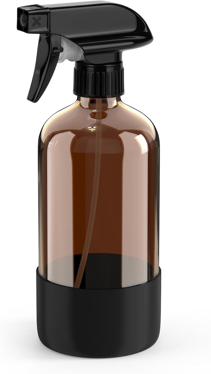 Bontip Amber Glass Spray Bottle with Silicone Sleeve Protection, 16 oz Refillable Spray Bottles for Cleaning Solutions, Plants, Aromatherapy, Facial Hydration (1, Black, 16 oz)