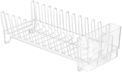 mDesign Kitchen Sink Dish Drainer – Small Metal and Plastic Dish Rack for Kitchen Sink – Dish Drying Rack with Drip Tray for Plates and Cutlery Basket – White/Clear