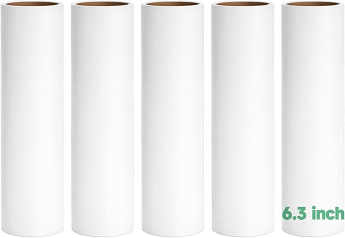 5 Pack 6.3 Inch Lint Roller Refills, 60 Sheets Per Roll - 300 Total Sheets | Sticky Adhesive Lint & Pet Hair Remover for Clothes, Furniture, Car Seats & Bedding (5, 6.3 Inch)