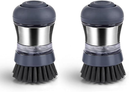 Steel Soap Dispensing Palm Brush - Pack of 2 - Kitchen Dish Scrub Brush