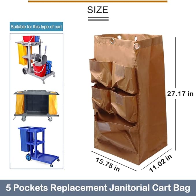 Replacement Janitorial Cart Bag, High Capacity Waterproof Thickened Housekeeping Commercial Janitorial Cleaning Cart Bag with 6 Brass Grommets - 25 Gallon (Brown with 5 Pockets)