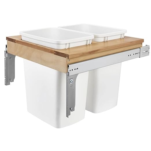 Rev-A-Shelf 35 Qt Top Mount Double Pullout Under Cabinet Kitchen Trash Cans for Base Cabinets, 150 Pound Rated Full-Extension Slides, Min Opening Width of 21", White, 4WCTM-24DM2