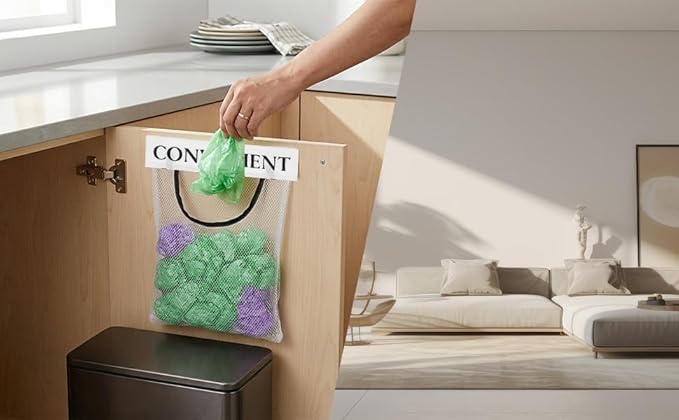 4PCS Grocery Bag Holder, Mesh Plastic Bag Holder for Cabinet, Sticky Wall Mount Storage Dispensers, Recycling Garbage Folding Hanging Storage Bags Grocery Bags Holders White