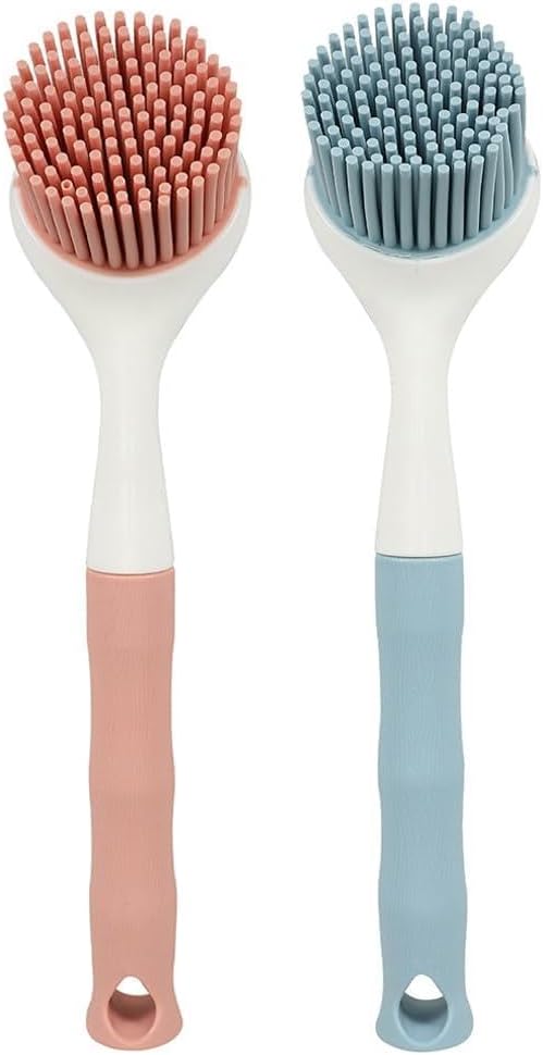 Didiseaon Silicone Pot Brush 2Pcs Set with Long Handle for Non-Stick Cookware Cleaning Grease and Grime Removal, Comfortable Grip for Home Kitchen Use