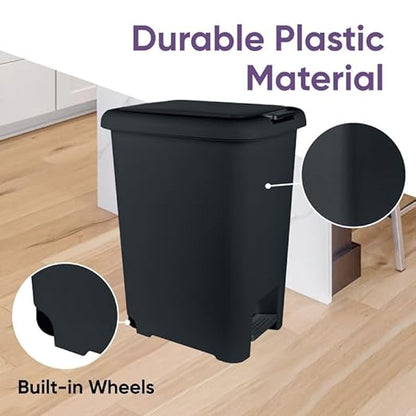 Superio 2-Pack 45L Slim Step & Push Trash Can with Wheels - Dual Opening, Space-Saving Design (17.52"x13.07"x22.24") - Black