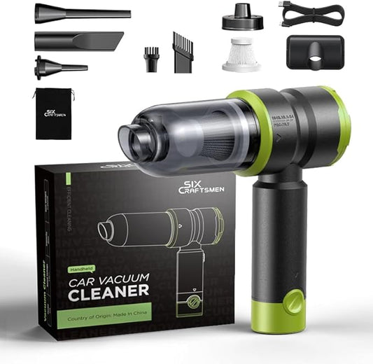 Handheld Car Vacuum Cleaner, 4-in-1 Cordless Rechargeable Mini Vacuum with Air Duster – Quickly Clean Crumbs, Pet Hair & Crevices in Car, Office, Home. Ideal for Commuters & Office Workers (Green)