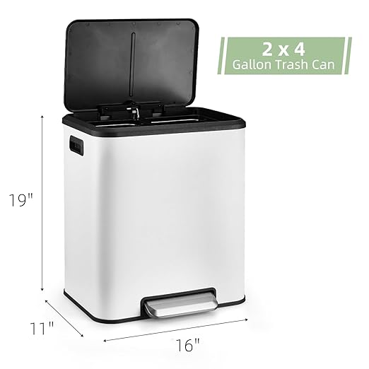 GAOMON Dual Bin Rectangular Trash Can, Stainless Steel Waste Bin with Lid, 30 Liters (2 X 15 L), Trash Can with Recycling Bin Combination, Soft Close and Airtight Lid - White