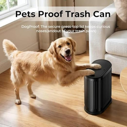 Small Black Bathroom Trash Can with Press Top Lid, 1.8 Gallon Stainless Steel Garbage Can with Removable Inner Bucket, Includes 60 Trash Bags for Home Bedroom