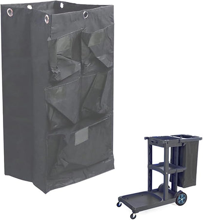 Replacement Janitorial Cart Bag, High Capacity Waterproof Thickened Housekeeping Commercial Janitorial Cleaning Cart Bag with 6 Brass Grommets - 25 Gallon (Black with 5 Pockets)
