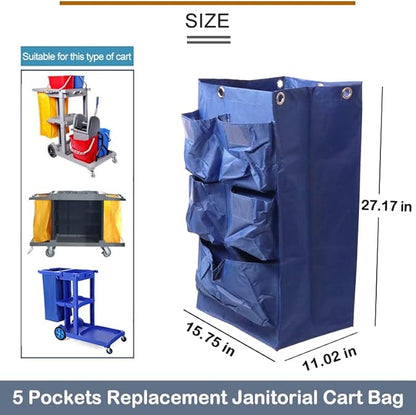 Replacement Janitorial Cart Bag, High Capacity Waterproof Thickened Housekeeping Commercial Janitorial Cleaning Cart Bag with 6 Brass Grommets - 25 Gallon (Blue with 5 Pockets)