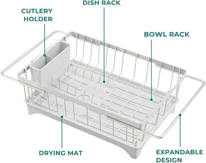 Small Dish Drying Rack in Sink, Expandable Stainless Steel Dish Drainers for Kitchen Counter, with Drain Board & Utensil Holder(White)