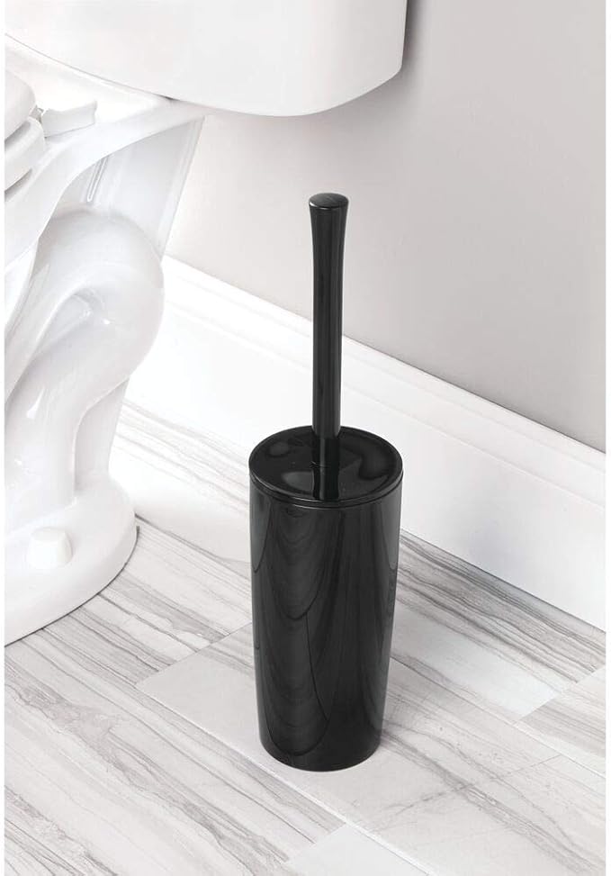 mDesign Slim Plastic Toilet Bowl Brush and Holder Set, Modern Compact Storage Organizer Cleaner Scrubber for Toilet - Heavy Duty Cleaning Plunger for Bathroom, Aura Collection - Black