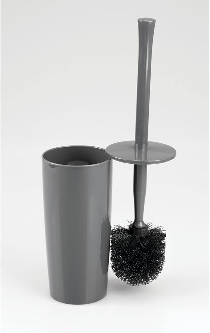 mDesign Slim Plastic Toilet Bowl Brush and Holder Set, Modern Compact Storage Organizer Cleaner Scrubber for Toilet - Heavy Duty Cleaning Plunger for Bathroom, Aura Collection - Charcoal Gray