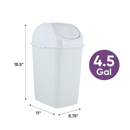 Superio Medium Trash Can with Lid 4.5 Gallon Plastic Swing Top Garbage Can Slim Waste Bin for Under Sink/Cabinet, Laundry Room, Kitchen, Office, Bedroom, Bathroom, College Dorm, 18 Qt, White