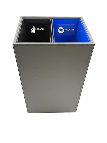 Leatherette Recycle Waste Bin with Dual Liners for Home or Office. 14.5 Quart Capacity. (Gray)