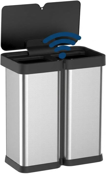 Dual Compartment Motion Sensor Trash Can, 2×8 Gal Garbage Can with Lid, Stainless Steel Trash Bin with 2 Removable Inner Buckets, Soft-Close Foot Pedal, Fingerprint-Resistant for Kitchen Home Office