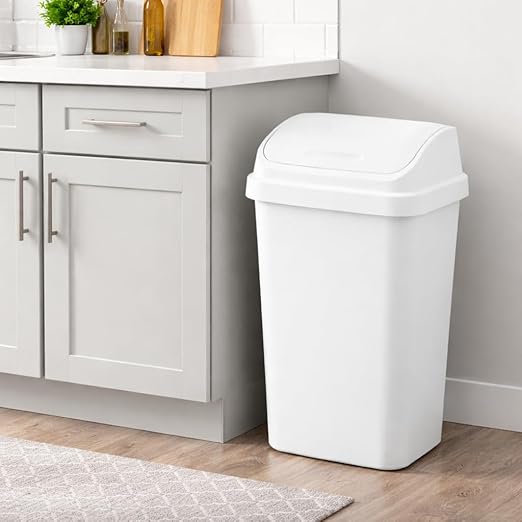 SKYREN Kitchen Trash Can 13.1 Gallon Plastic Garbage Bin with Swing Top Lid, Large Wastebasket for Home, Office, Bathroom, Bedroom, White