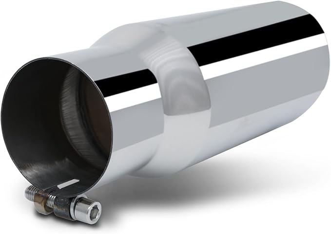 M-AUTO Single Chamber Muffler 12" Overall Length, 3.5" Inside Inlet and 5" Outlet Universal Stainless Steel Exhaust Muffler Assembly Roll and Angle Cut Tip, Chrome
