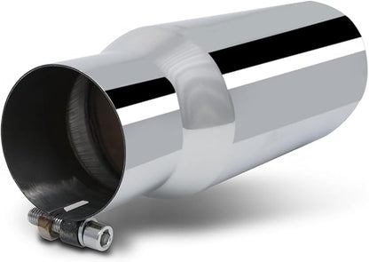 M-AUTO Single Chamber Muffler 12" Overall Length, 3.5" Inside Inlet and 5" Outlet Universal Stainless Steel Exhaust Muffler Assembly Roll and Angle Cut Tip, Chrome