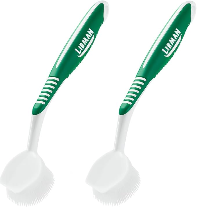 LIBMAN Dish Brush - Soft Bristle Cleaning Brush with Handle - 2 Pk Dish Scrub Brushes with Scraper for Dishwashing Dishes, Pots, Pans, Glassware - Non-Slip Comfort Grip Handle