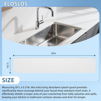 30"L x 5.5"W Customizable Sink Faucet Mat for Kitchen Sink 2 Holes & 3 Holes, DIY Cut for Oval/Rectangle/Square Faucets, Extra Long Quick-Drying Absorbent Splash Guard Counter Protector, White