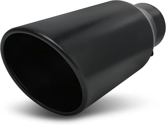 M-AUTO Universal Chrome Muffler Welded Muffler, 15" Overall Length Heavy Duty Stainless Steel Direct Fit Exhaust Muffler Assembly Roll and Angle Cut Tip, 5" Inlet 6" Outlet, Black