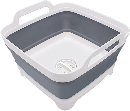 2.4 Gal(9L) Collapsible Dish Basin with Drain Plug, Space Saving Outdoor Multiuse Foldable Sink Tub, Dishpan, Kitchen Storage Tray for Camping, Vegetable Washing, RV (Gray)