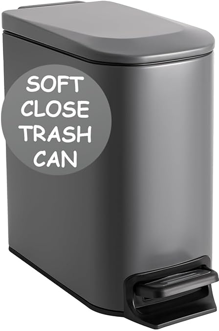 Homie Soft Close, Slim Trash Can 6 Liter / 1.6 Gallon with Anti - Bag Slip Liner and Lid, Use as Mini Garbage Basket, Slim Dust Bin, or Decor in Bathroom, Restroom, Kitchen, or Bedroom (Matte Gray)