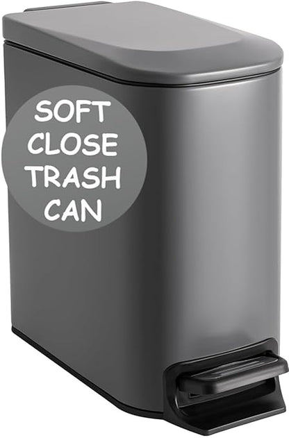 Homie Soft Close, Slim Trash Can 6 Liter / 1.6 Gallon with Anti - Bag Slip Liner and Lid, Use as Mini Garbage Basket, Slim Dust Bin, or Decor in Bathroom, Restroom, Kitchen, or Bedroom (Matte Gray)