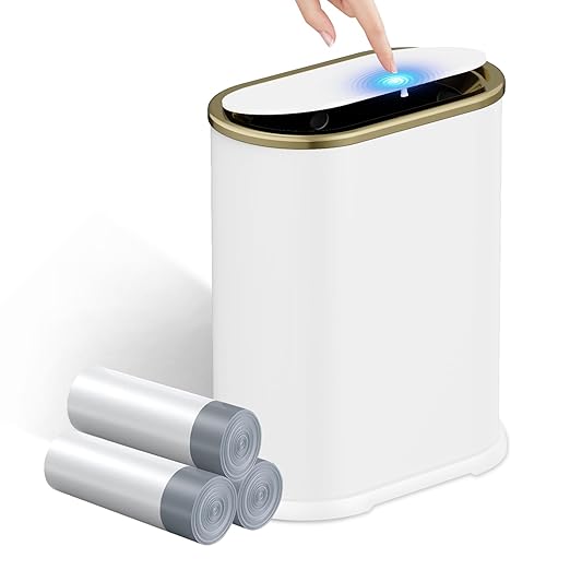 KSSKSS 1.8 Gallons Small White Bathroom Trash Can with Lid, Slim Bathroom Garbage Bin, Dog Proof Trash Can with Pop-Up Lid for Bedroom,Toile, White