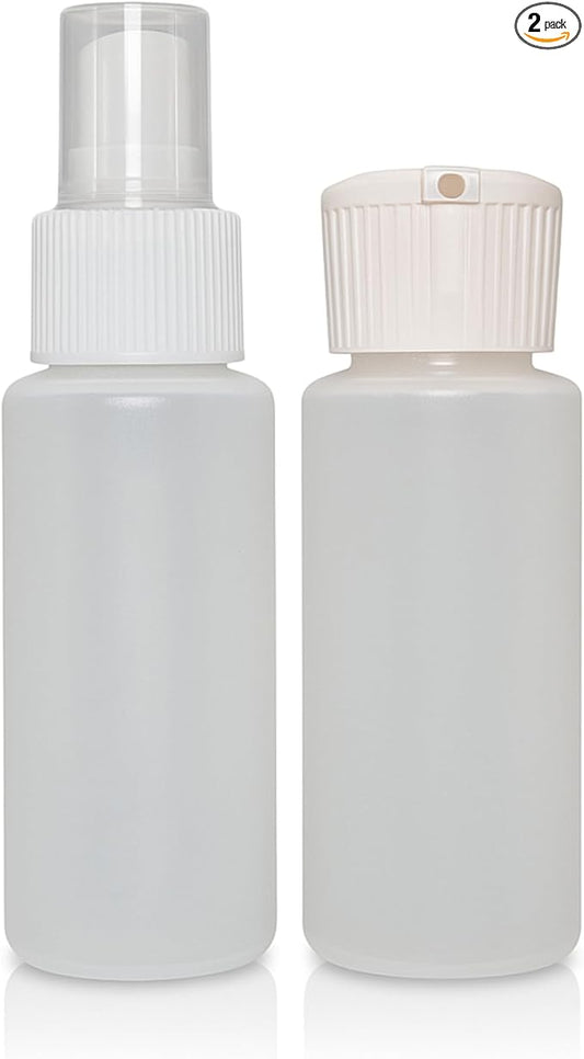 2-Pack 2oz Travel Bottles – Fine Mist Spray & Flip-Top Bottle Set – TSA Approved, FDA Compliant, Chemical Resistant, Leak-Proof, Refillable for Toiletries, Skincare, and DIY Essentials