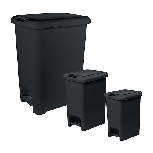 Superio 6.5L, 10L and 45L Slim Step & Push Trash Cans - 3 Pack, Dual Opening, Smooth Matte Finish, Durable Plastic - Black