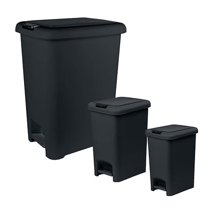Superio 6.5L, 10L and 45L Slim Step & Push Trash Cans - 3 Pack, Dual Opening, Smooth Matte Finish, Durable Plastic - Black