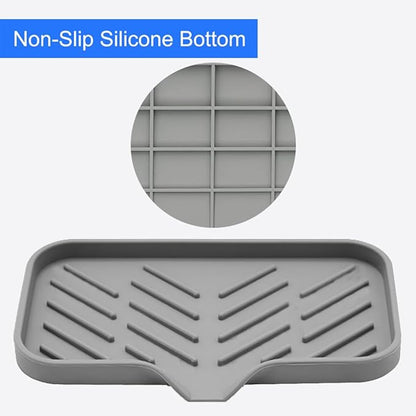 Large Sponge Holder for Kitchen, Silicone Tray with Drain Spout for Dispenser, Scrubber, Bottle, Soap Holder for Shower Bathroom (Grey, 9.8" x 4.9")