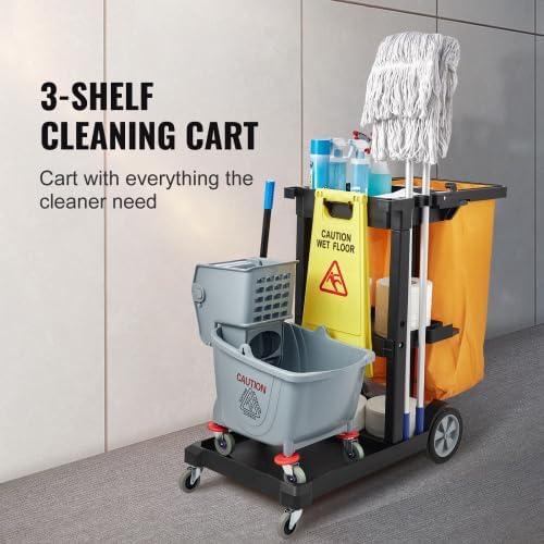 Cleaning Cart, 3-Shelf Commercial Janitorial Cart, 200 lbs Capacity Plastic Housekeeping Cart, with 25 Gallon PVC Bag, 47 x 20 x 38.6in, Yellow&Black