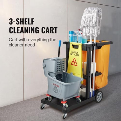 Cleaning Cart, 3-Shelf Commercial Janitorial Cart, 200 lbs Capacity Plastic Housekeeping Cart, with 25 Gallon PVC Bag, 47 x 20 x 38.6in, Yellow&Black