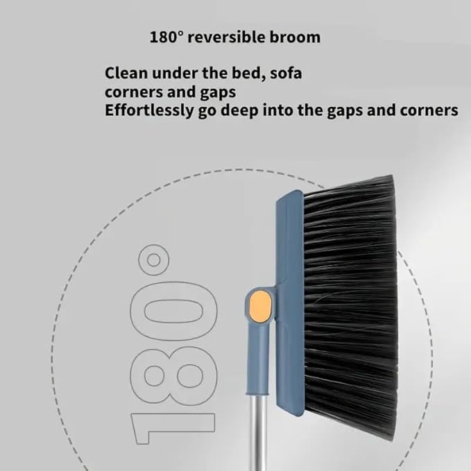 2-in-1 Broom with Dustpan Combo Set,Long Handle Broom Dustpan Combo with Dustpan Teeth to Automatically Clean Hair for Home, Indoor or Outdoor Cleaning Hall Floor (Blue)