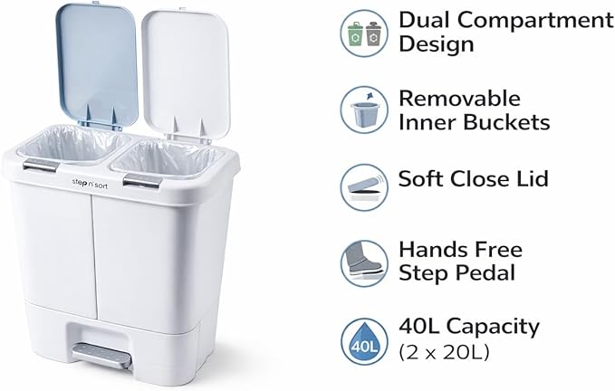 Step N' Sort 2 x 5.5 Gallon, Dual Trash and Recycling Bin with Slow Close Lid, White, 40 Liter (SNS402-W)