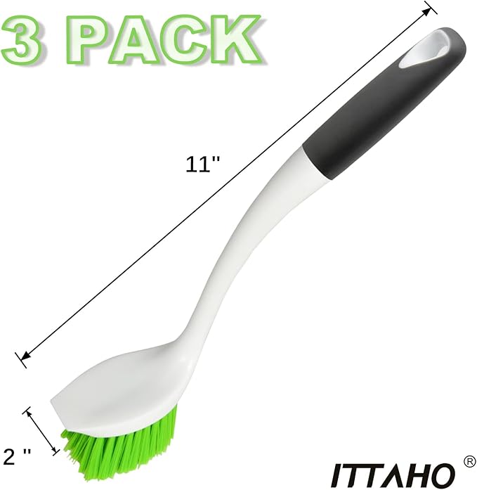 Dish Scrubber Set, Kitchen Brush for Cleaning with Scraper Edge, Green Multi-Purpose Scrub Brush with Handle for Dishes,Sink,Pots,Pans,Shower,Tile,Tubs - 3 Pack