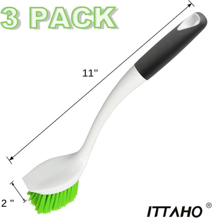 Dish Scrubber Set, Kitchen Brush for Cleaning with Scraper Edge, Green Multi-Purpose Scrub Brush with Handle for Dishes,Sink,Pots,Pans,Shower,Tile,Tubs - 3 Pack
