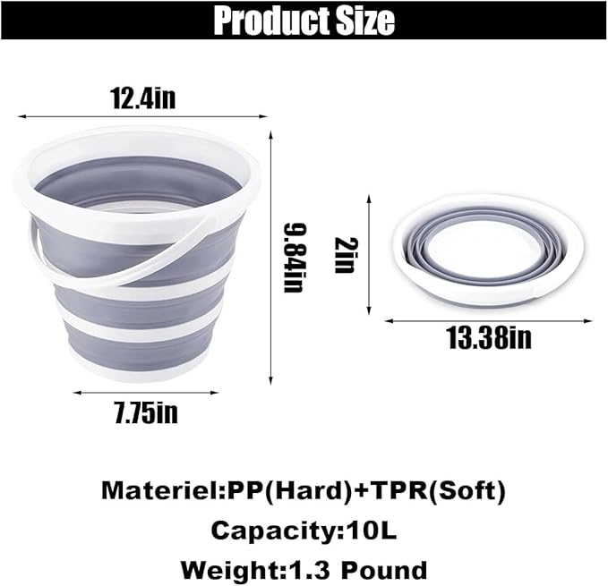 GLSOWEE Car Collapsible Bucket, 10L 2.6 Gallon Folding Bucket Auto Cleaning Plastic Water Bucket, Foldable Portable Bucket Space Saving for Indoor Outdoor Car Wash Garden Camping (Gray)