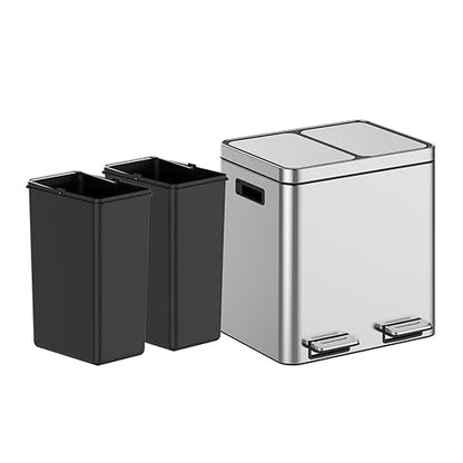 Kitchen Trash Can, 2x4 Gallon Rectangular Kitchen Waste Bin, Dual Separate Compartment Recycle Bin with Removable Plastic Inner Buckets, Soft Step-on with Lid