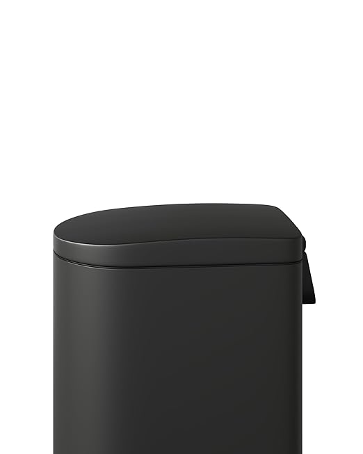 Garvee 1.6 gal / 6L Metal Bathroom Trash Can with Lid, Slim Waterproof Garbage Can for Bedroom, Small Step-on Trash Bin with Inner Bucket, Rear Handle, Soft Close Lid, Black
