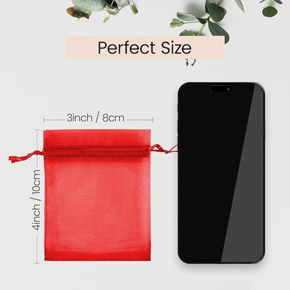 Meowoo 100PCS Organza Bags, 3x4in Small Mesh Bags Drawstring, Mesh Gift Bags Drawstring for Jewelry, Candy, Christmas, Sachets, Festivals, Bathroom Soaps, Makeup Organza, Wrapping Supplies(red)