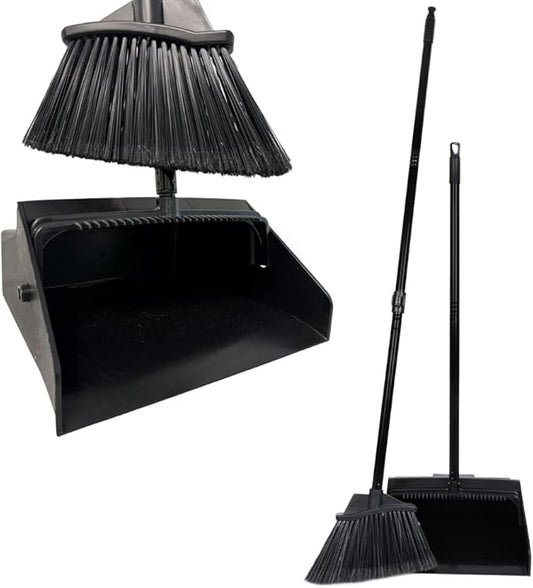 KLEEN HANDLER 48.5" Broom with Dustpan Combo Set with Long Handle for Home, Kitchen, Office, Lobby, Indoor/Outdoor Sweeping & Commercial Use, Black (1 Set)