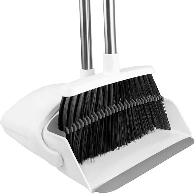 Broom with Dustpan Combo Set, Broom and Dustpan Set for Home Commercial Cleaning Supplies Angle Broom with Long Handle Perfect for Courtyard Garage Street (White)